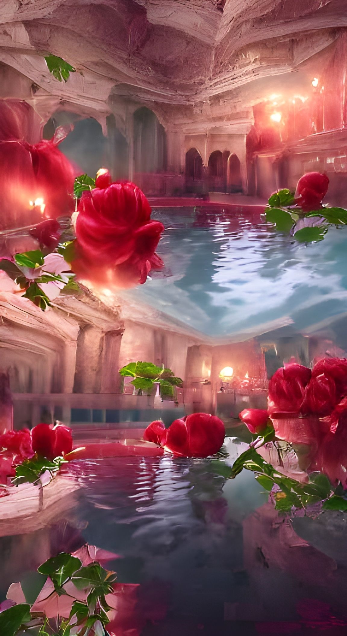 Ethereal Palace Pool with Red Roses in Fantasy Style