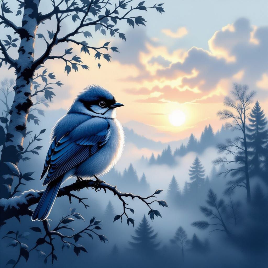 Fluffy Bird on Branch in Foggy Sunrise