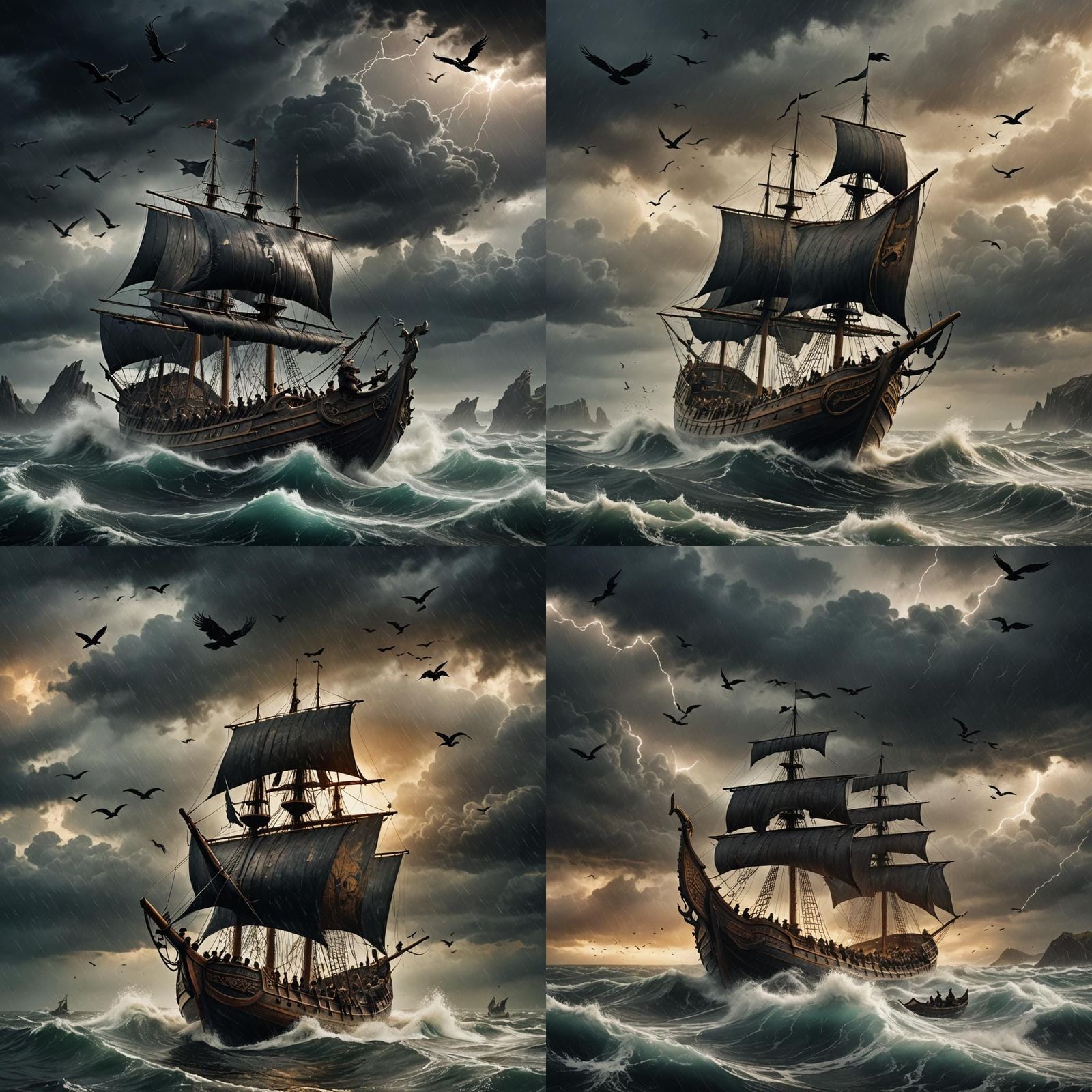 Viking Ship Sailing Stormy Seas with Ravens