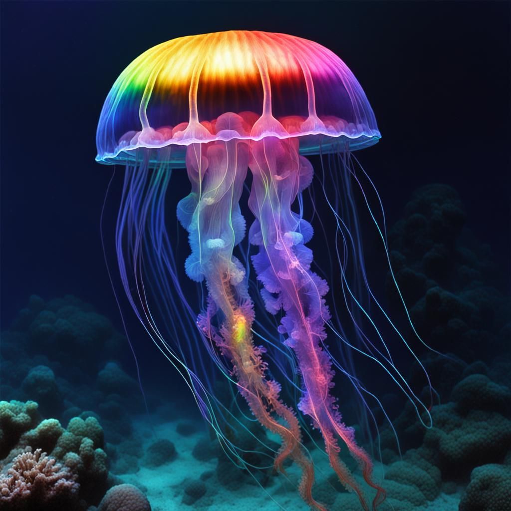 Cybernetic Rainbow Jellyfish Swimming in Coral Reef