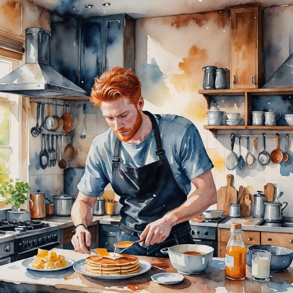 Red-Haired Man Cooking Pancakes as Watercolor Painting
