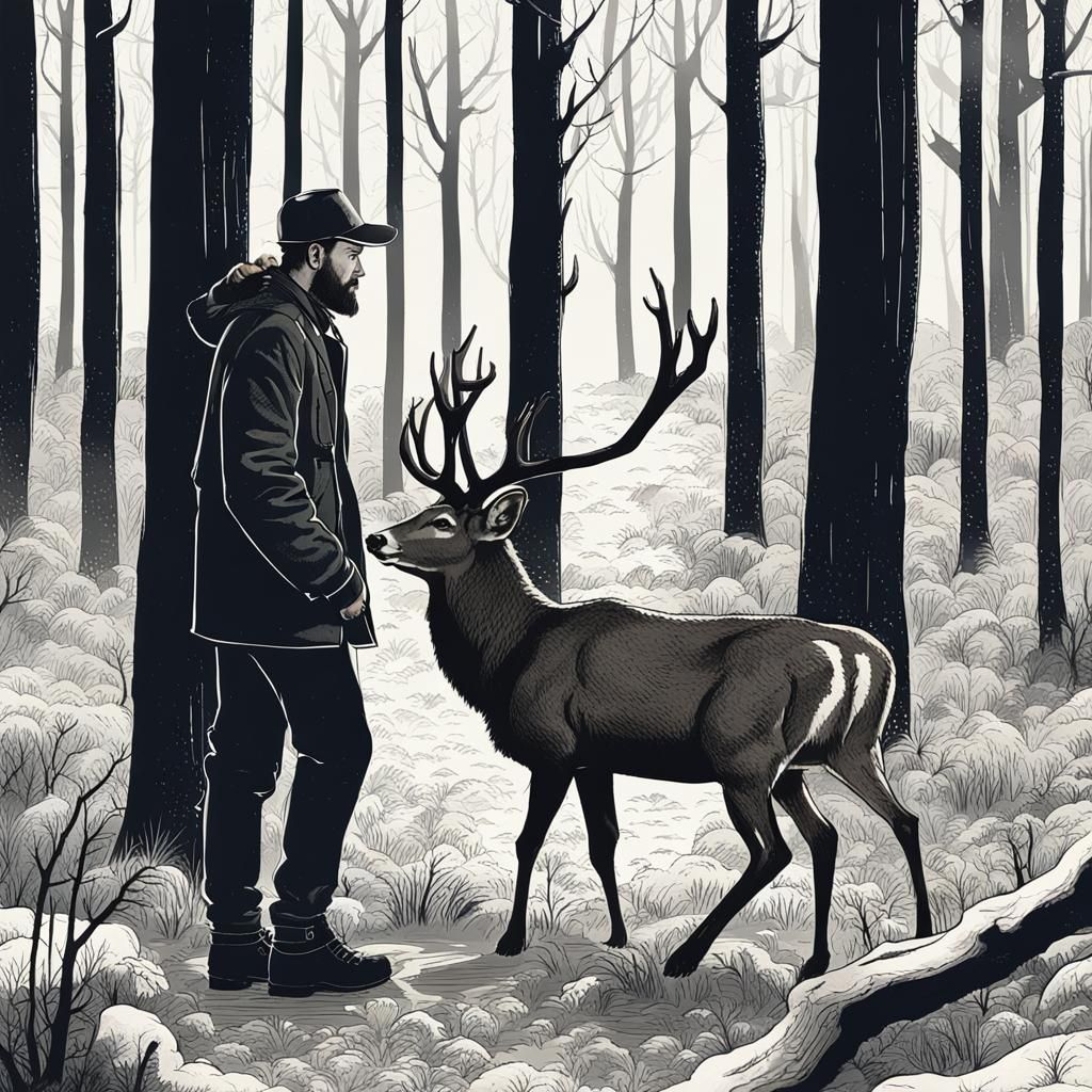 Man and Deer in Peaceful Woodland Scene