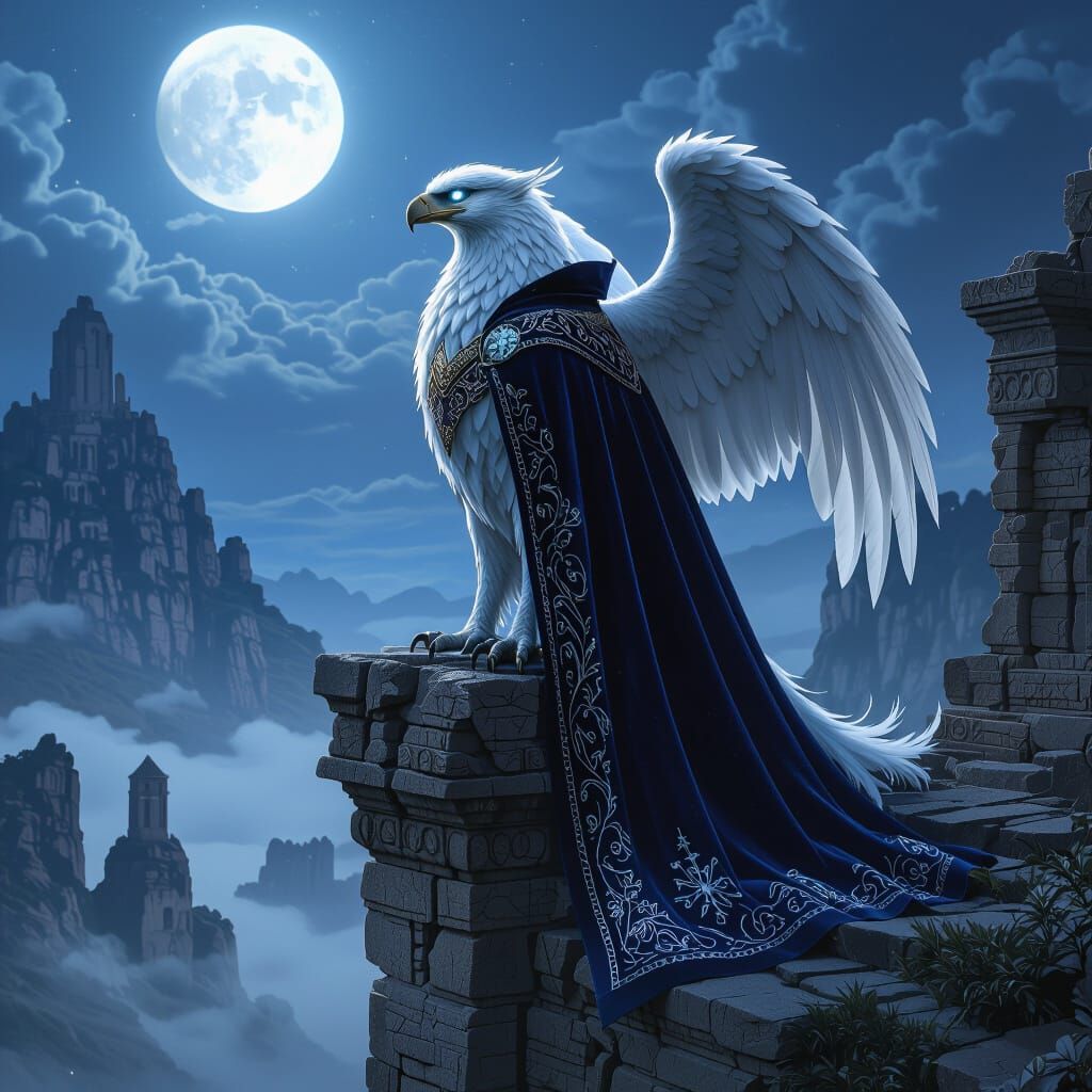 Majestic Griffin in Regal Cape Overlooking Misty Valley