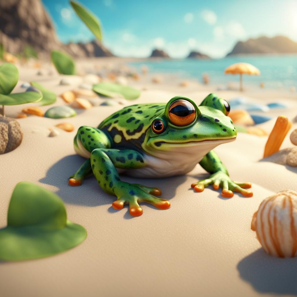 Cute Frog Sunbathing on Beach in 4K