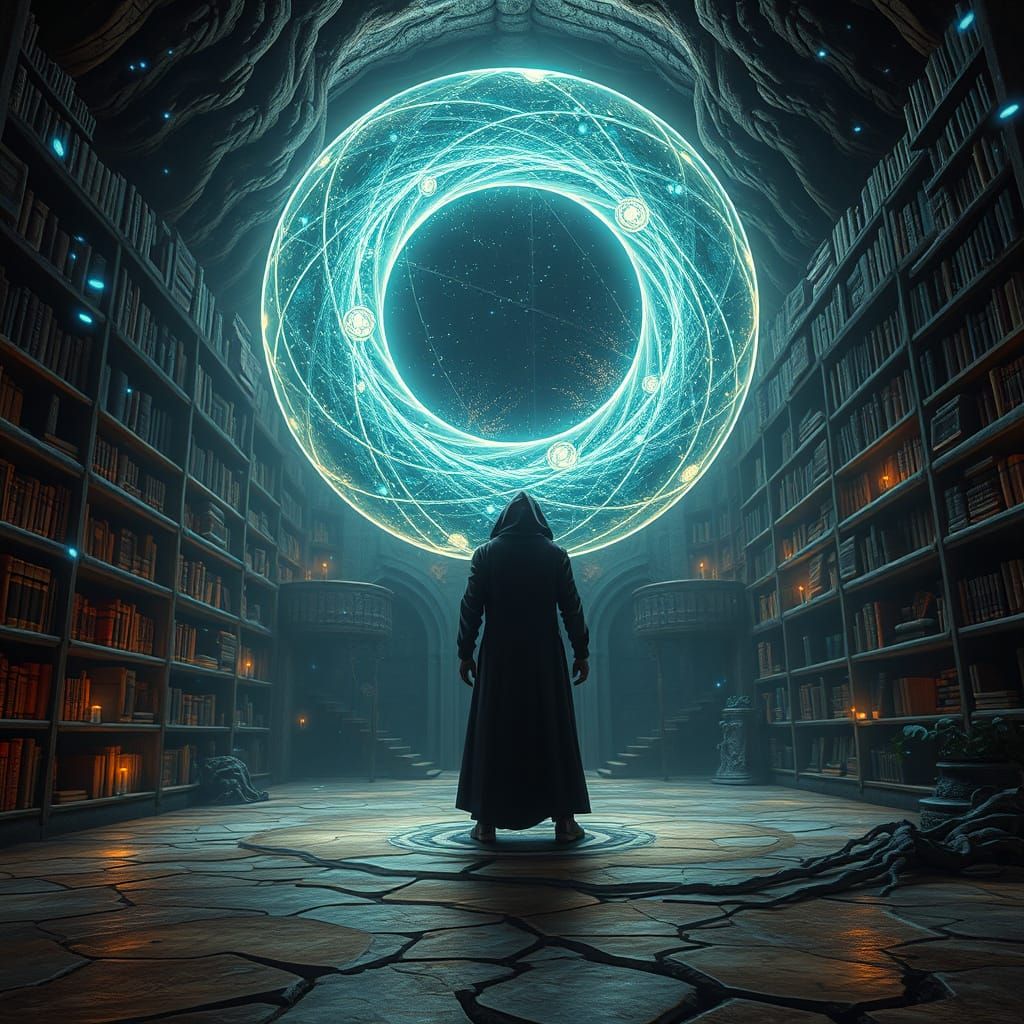 Ancient Library with Starlit Portal, Fantasy Realism