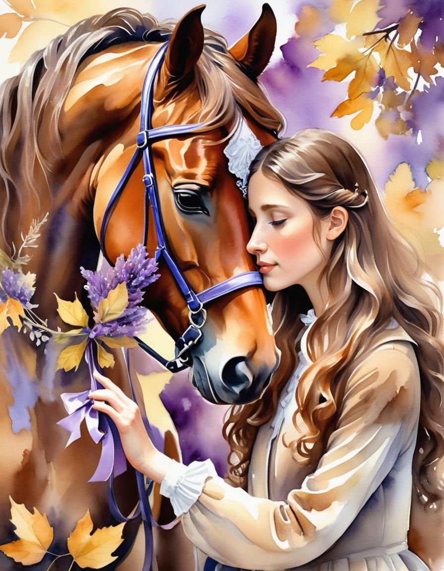 Girl and Horse: Whimsical Autumn Watercolor Illustration