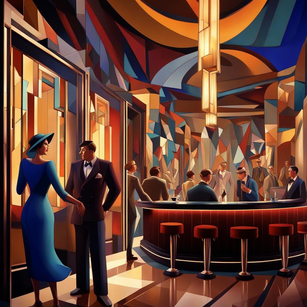 Art Deco Jazz Bar Scene in Cubist Style