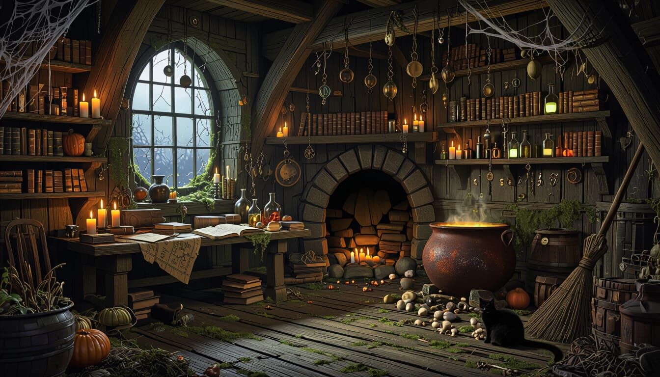 Witch's Hut Halloween Scene with Spell Books and Potions