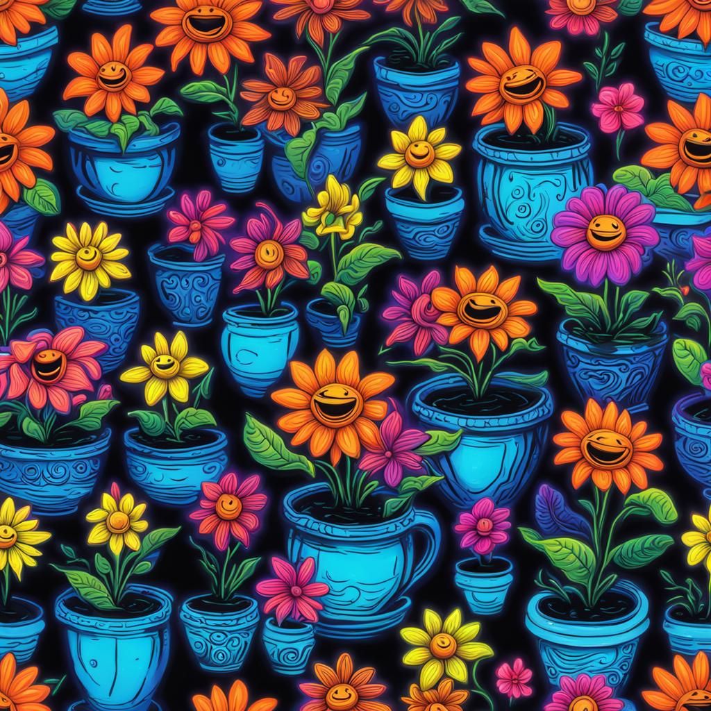 Psychedelic Neon Smiley Flowers Singing and Dancing