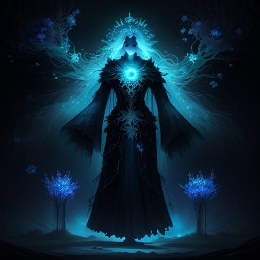 Ethereal Ghost Overgrown with Radiant Flowers in a Biolumine...