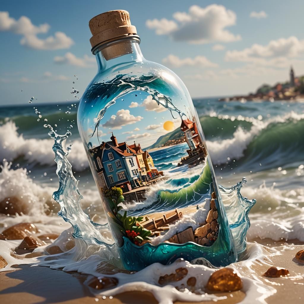 Seaside Town in a Bottle: Hyperrealistic Splash Art