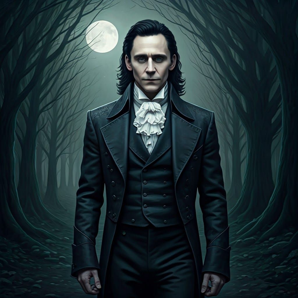 Loki in Victorian Attire in a Mystical Forest