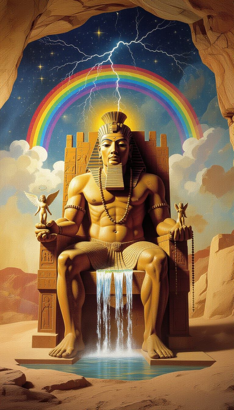 Ancient Cave Art of Water Throne Deity with Rainbow