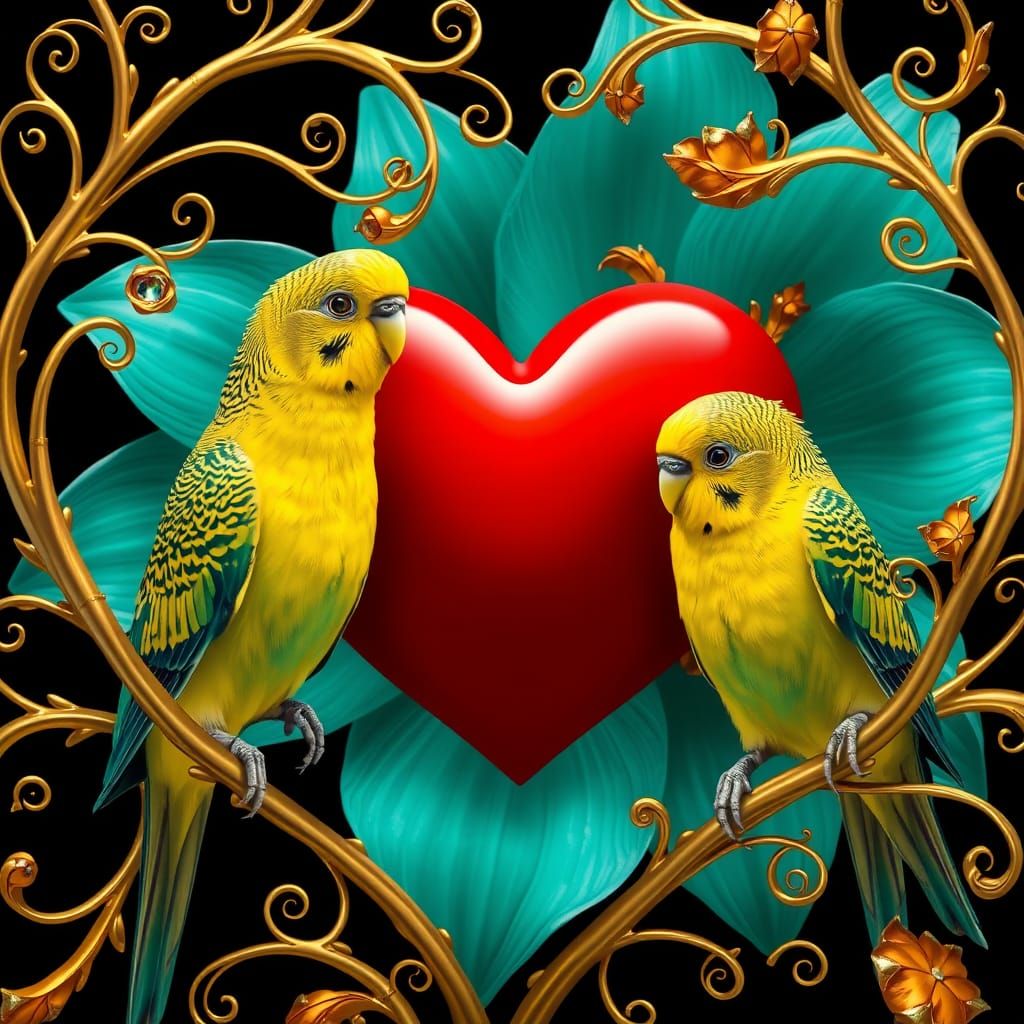 Exotic Birds Frame a Glowing Heart in Majestic Fantasy Lands...