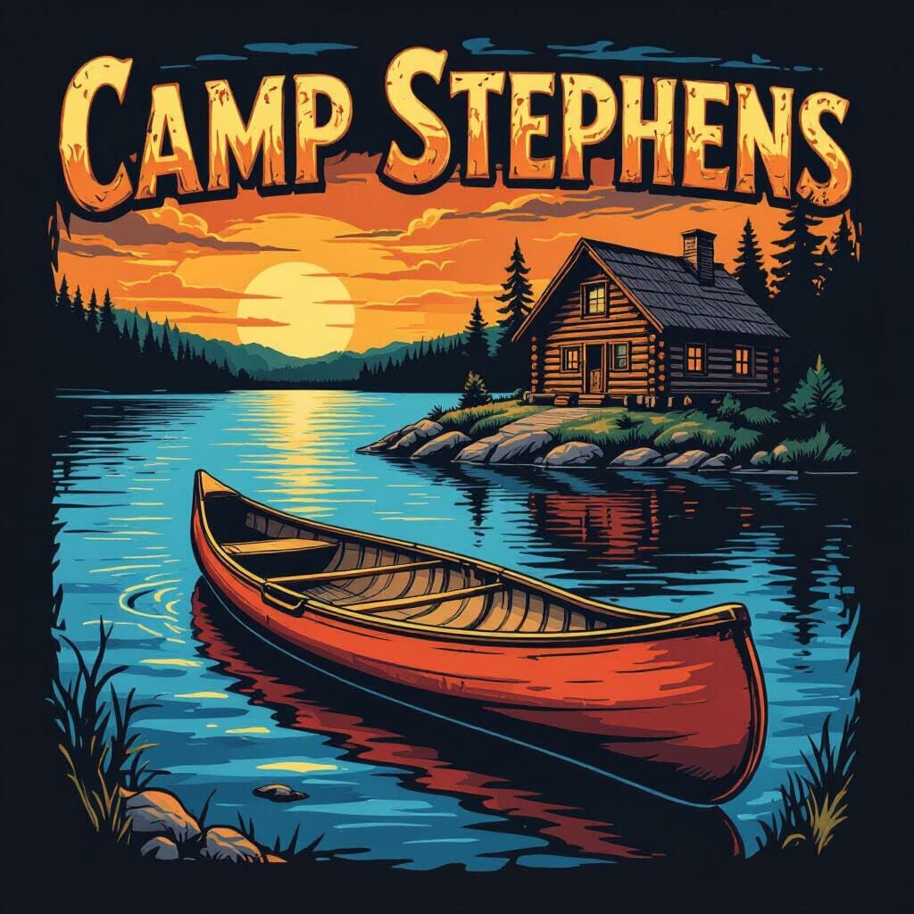 Camp Stephens Canoe Tattoo Design with Log Cabin