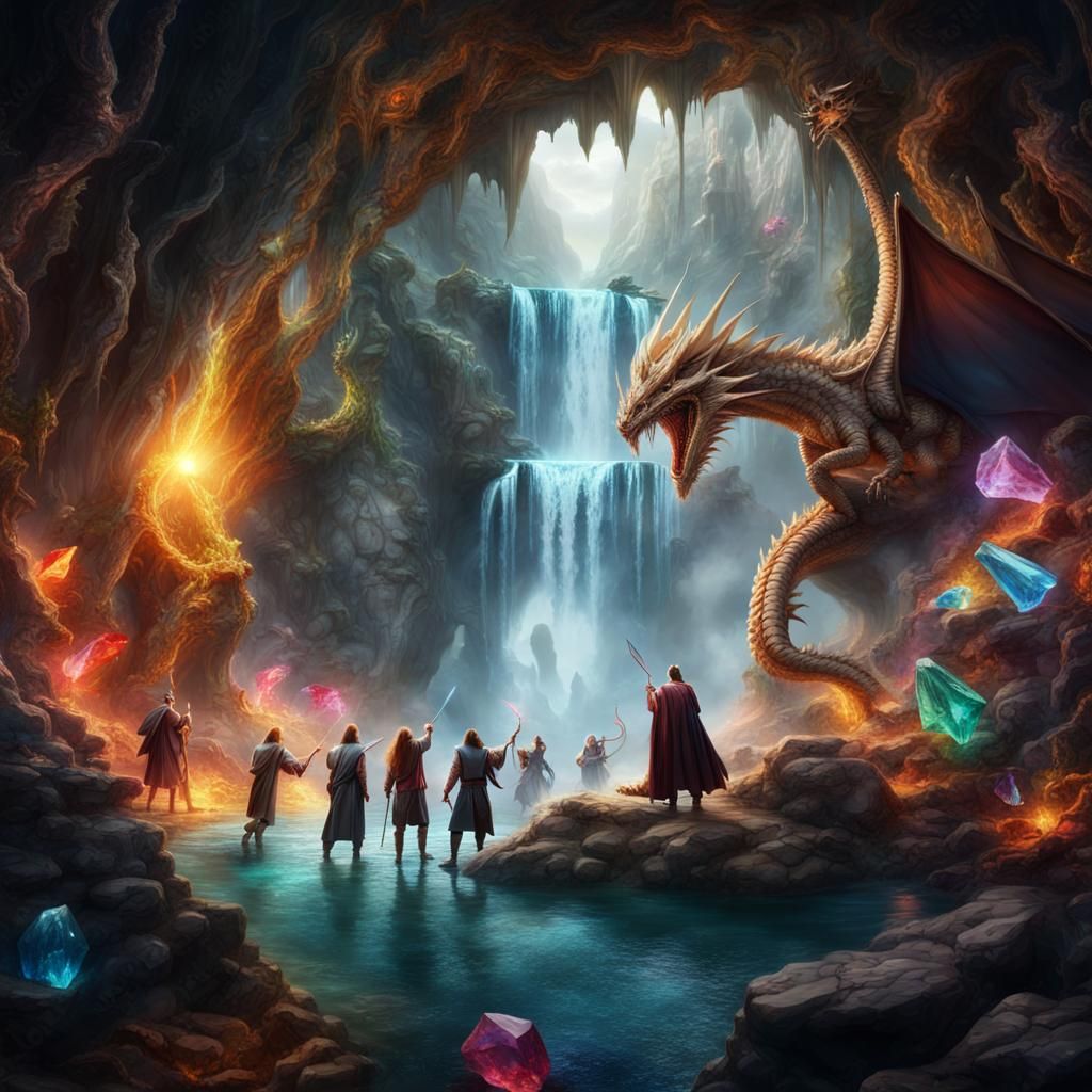 group of wizards fighting a big dragon in a cave