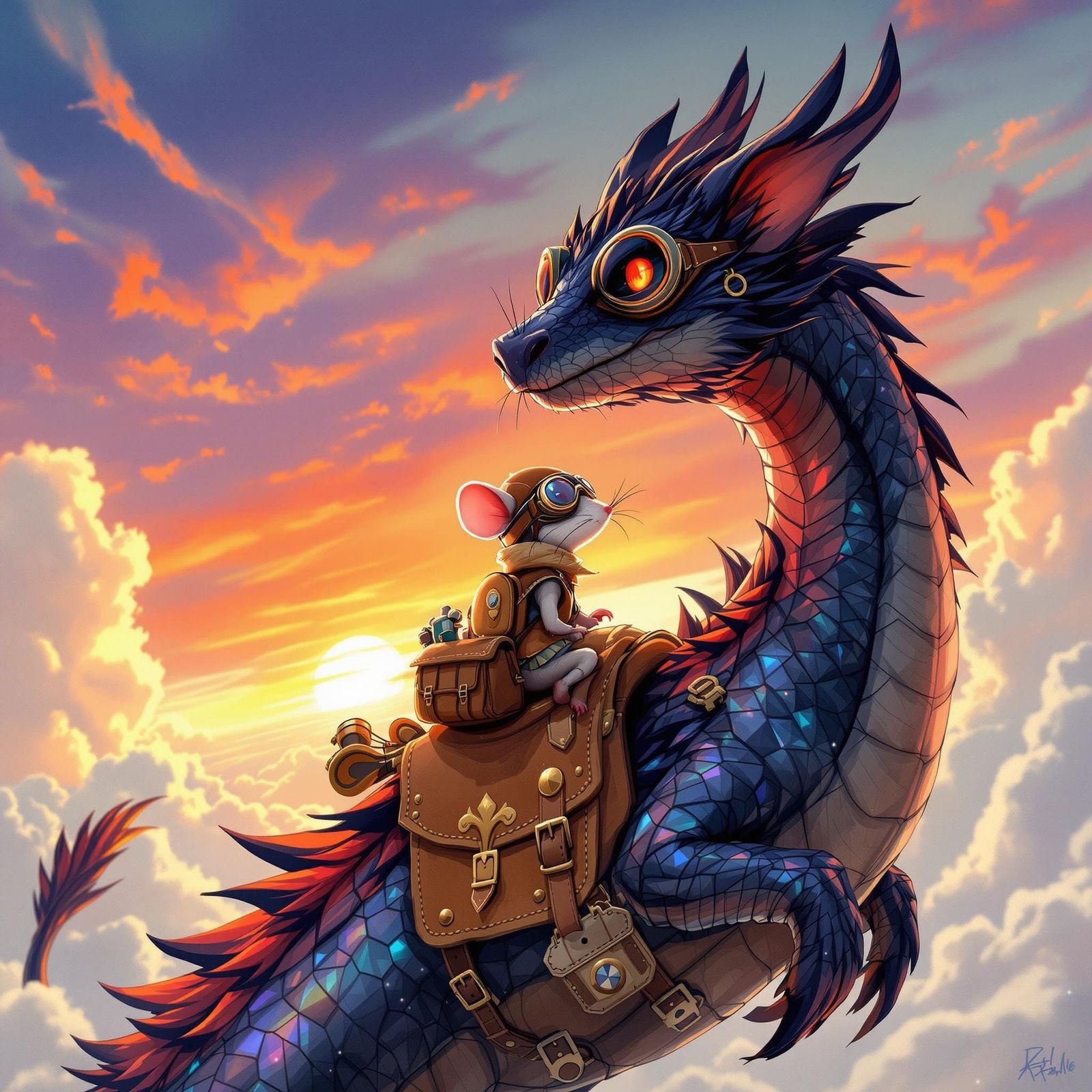 Whimsical Mouse Soars on Dark Dragon as Sunset Fades