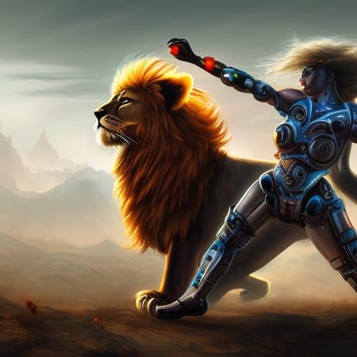 Cyborg Woman Versus Lion: Detailed Matte Painting