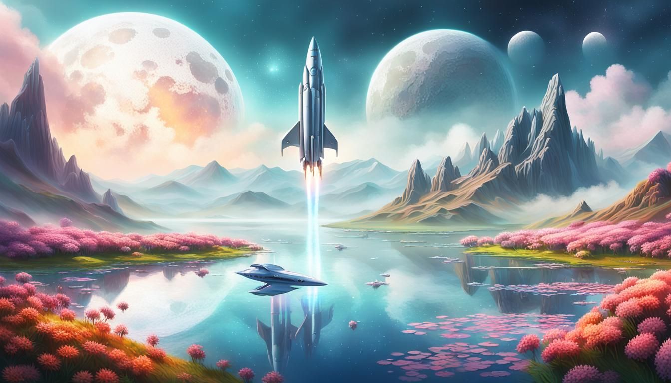 Silver Rocket Ship Soaring Over Oasis Planet