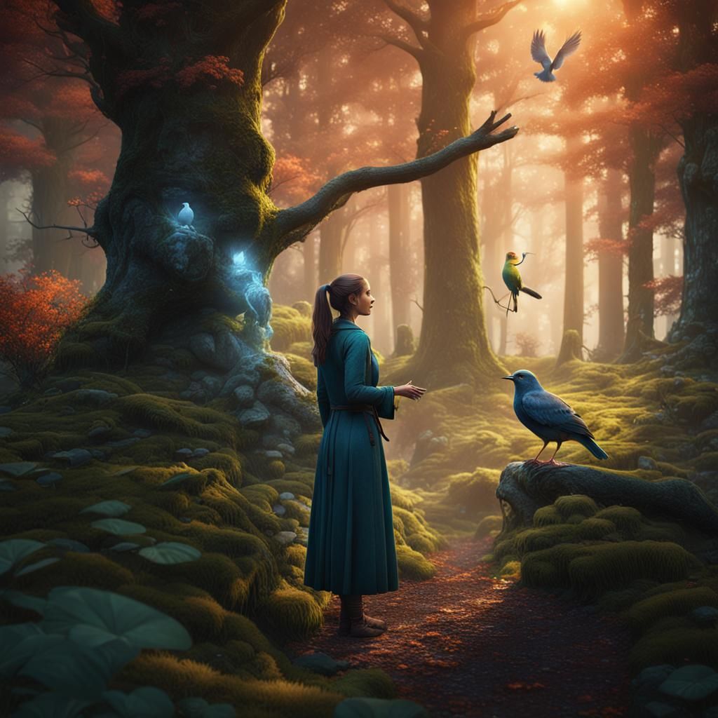 Mystical Forest: Woman and Bird Conversation