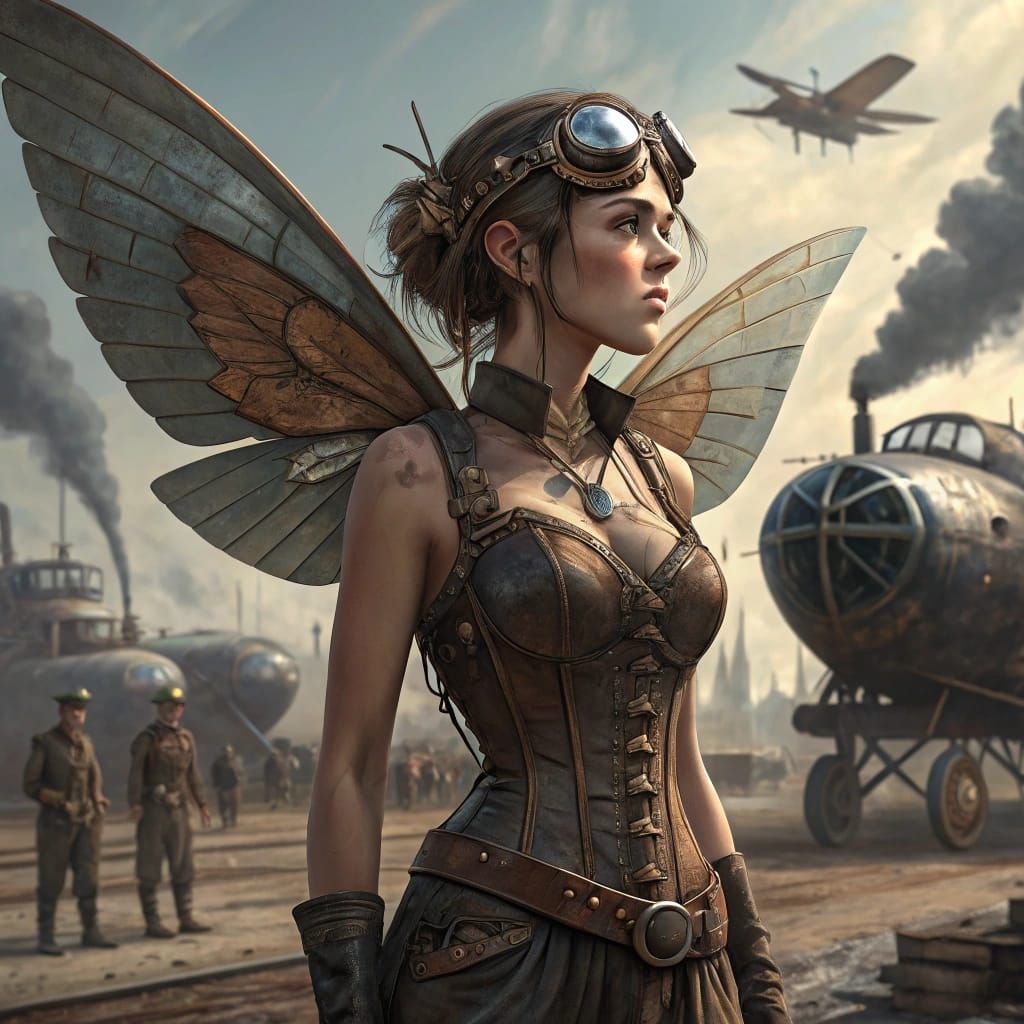 Steampunk Fairy in Industrial Aviation Setting