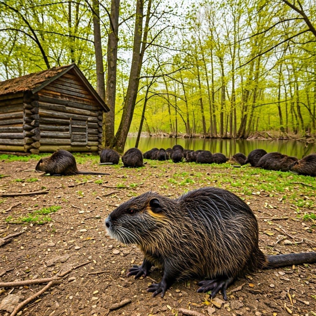 Remote Wilderness Cabin Scene with Nutrias