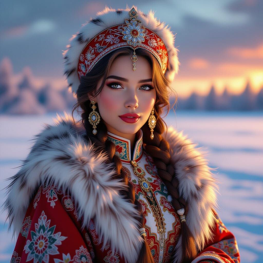 Russian Woman in Traditional Dress on Frozen Lake