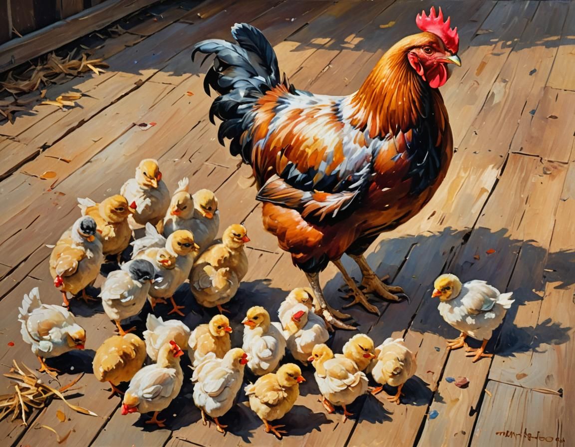 Impressionist Chicken Family Oil Painting with Warm Sunlight