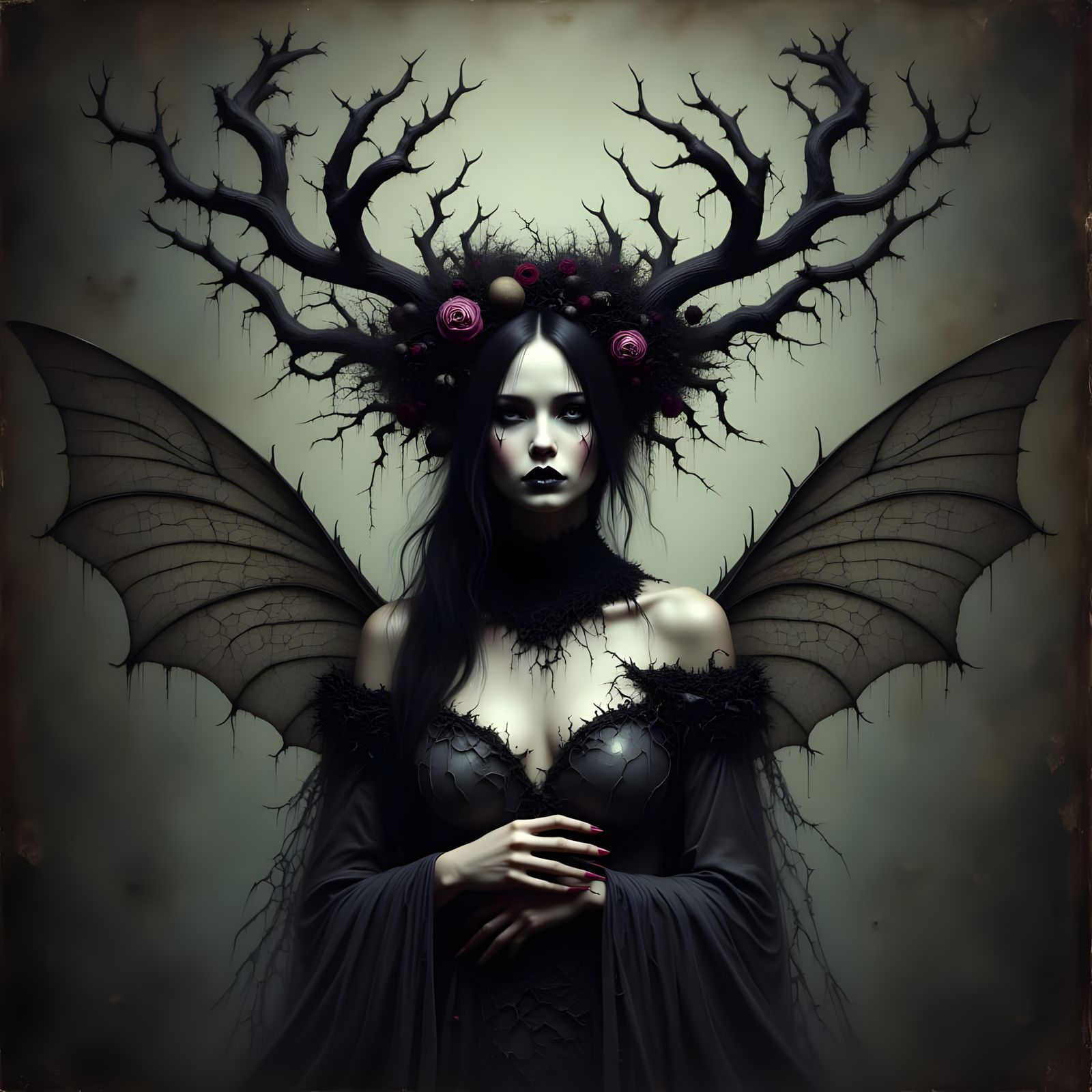 Ghost Woman Portrait with Antlers in Sinister Style