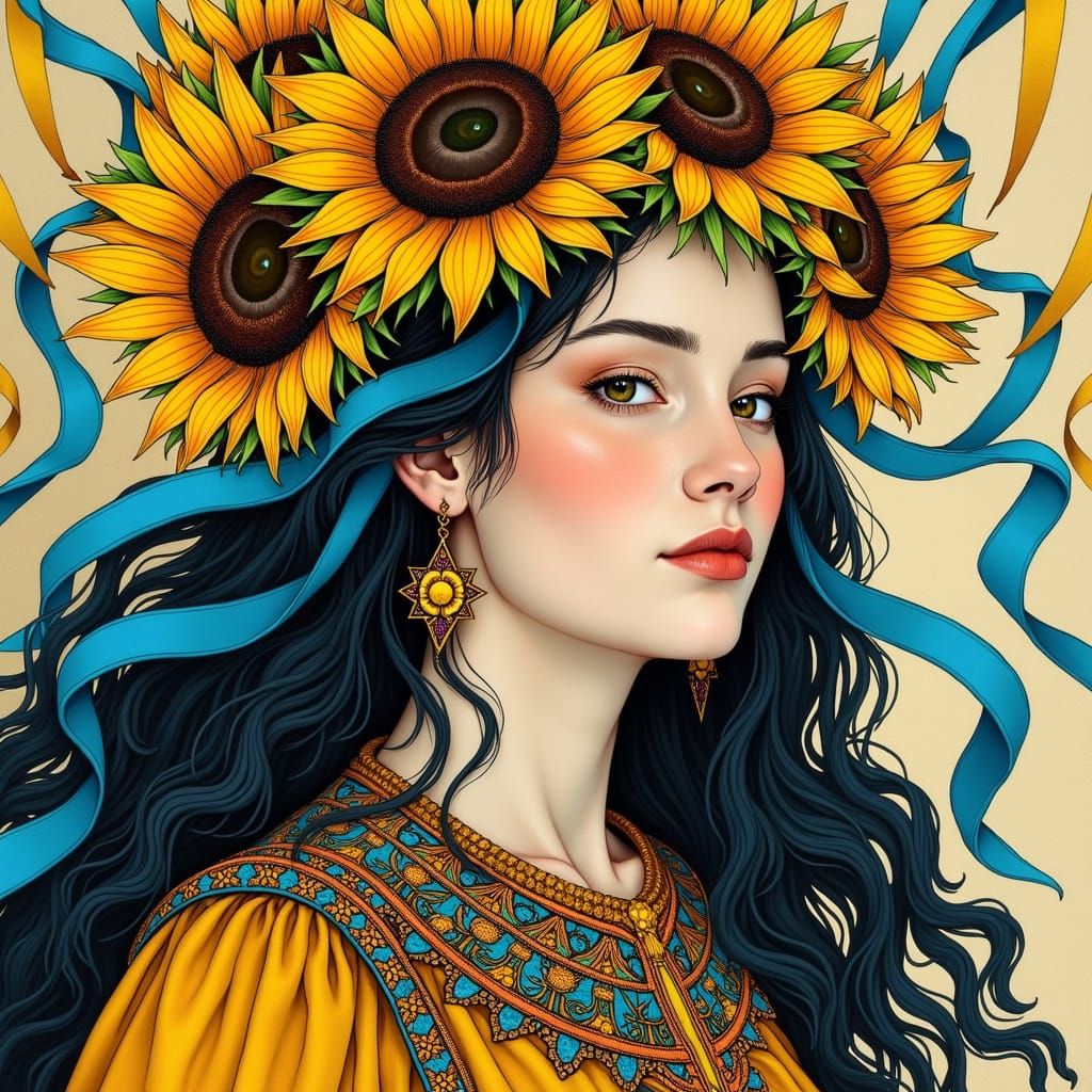 Ukrainian Woman Warrior with Sunflower Headdress