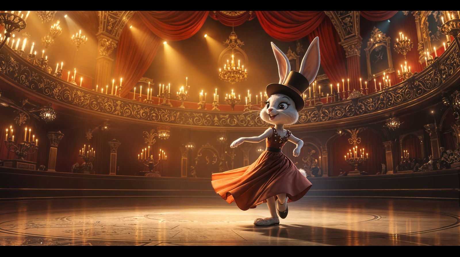 Vintage Cartoon Rabbit Performs in Elegant Theatre