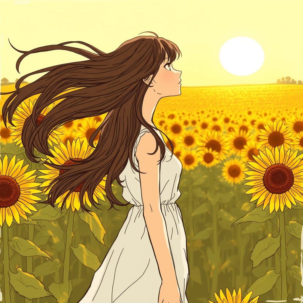 Young Woman Contemplates in a Vibrant Sunflower Field, Anime...