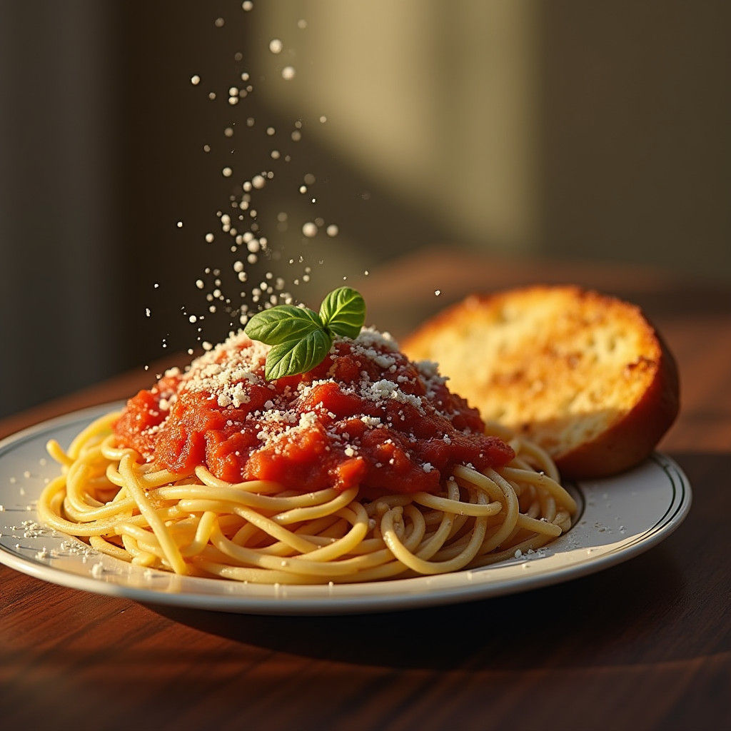 Hyperrealistic Spaghetti with Garlic Bread in Evening Light