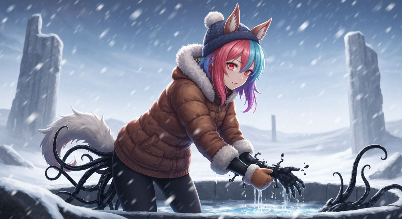 Anime Girl with Mutated Arm in Snowy Ruins