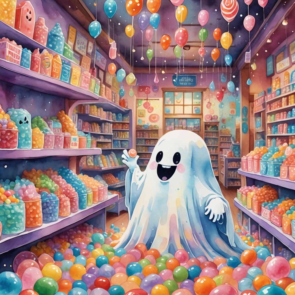 Cute Ghost Enjoys Candy in Watercolor Style