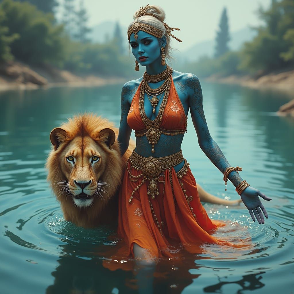 Blue-Skinned Woman with Lion, Digital Painting