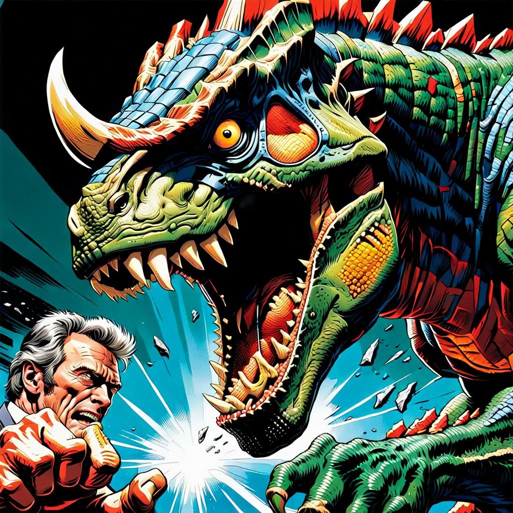 Clint Eastwood Punches Dinosaur: Comic Book Art