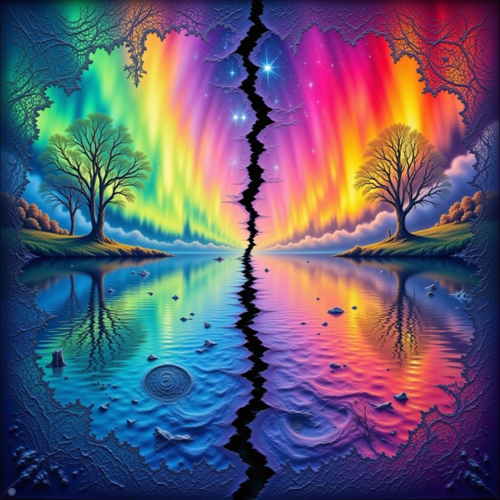 Surreal Split Image: Aurora Borealis Meets Rainbow Lace