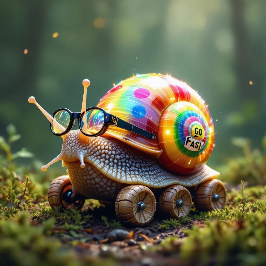 Hyperrealistic Racing Snail with Rainbow Shell