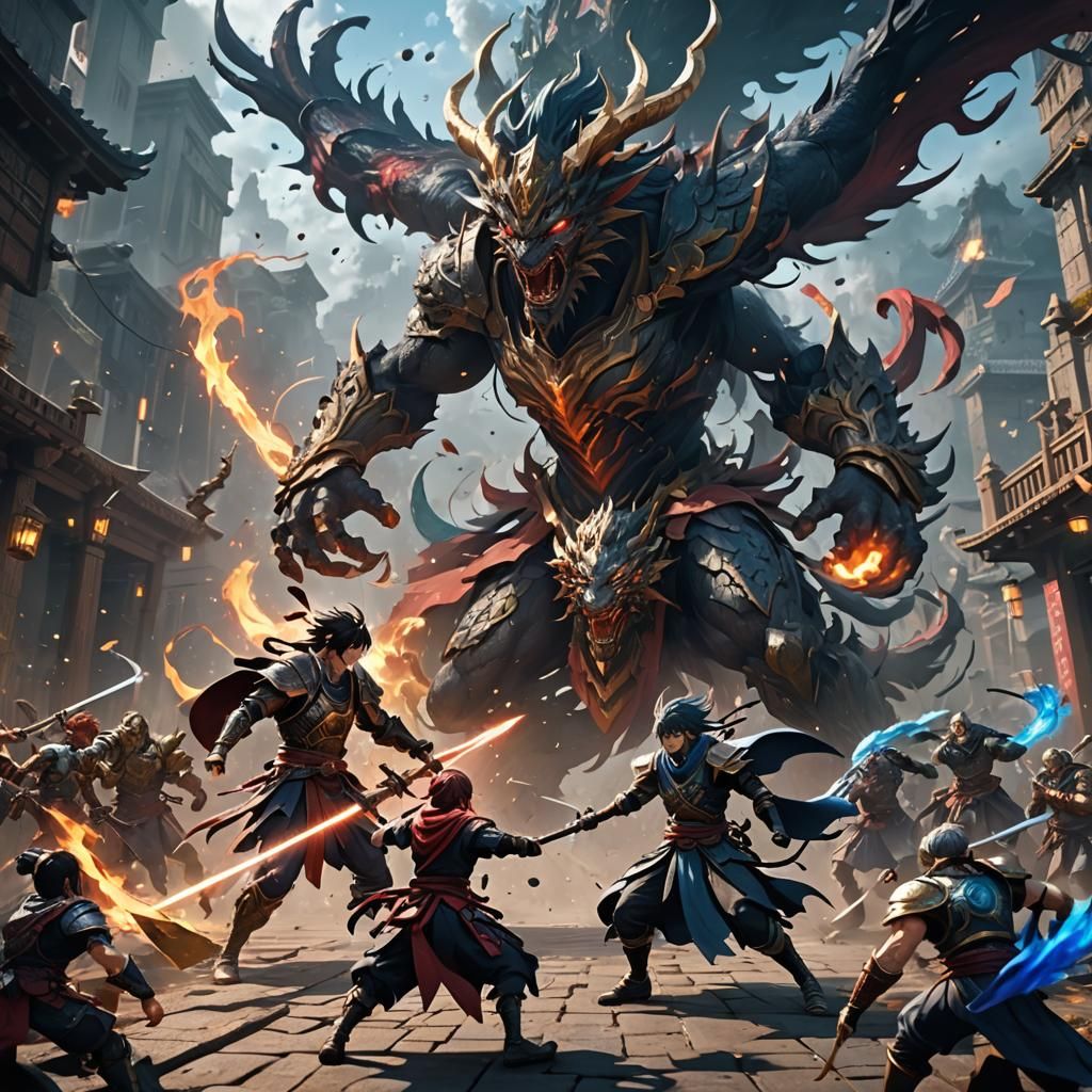 Mythical Anime Fighting Scene in Detailed Matte Painting