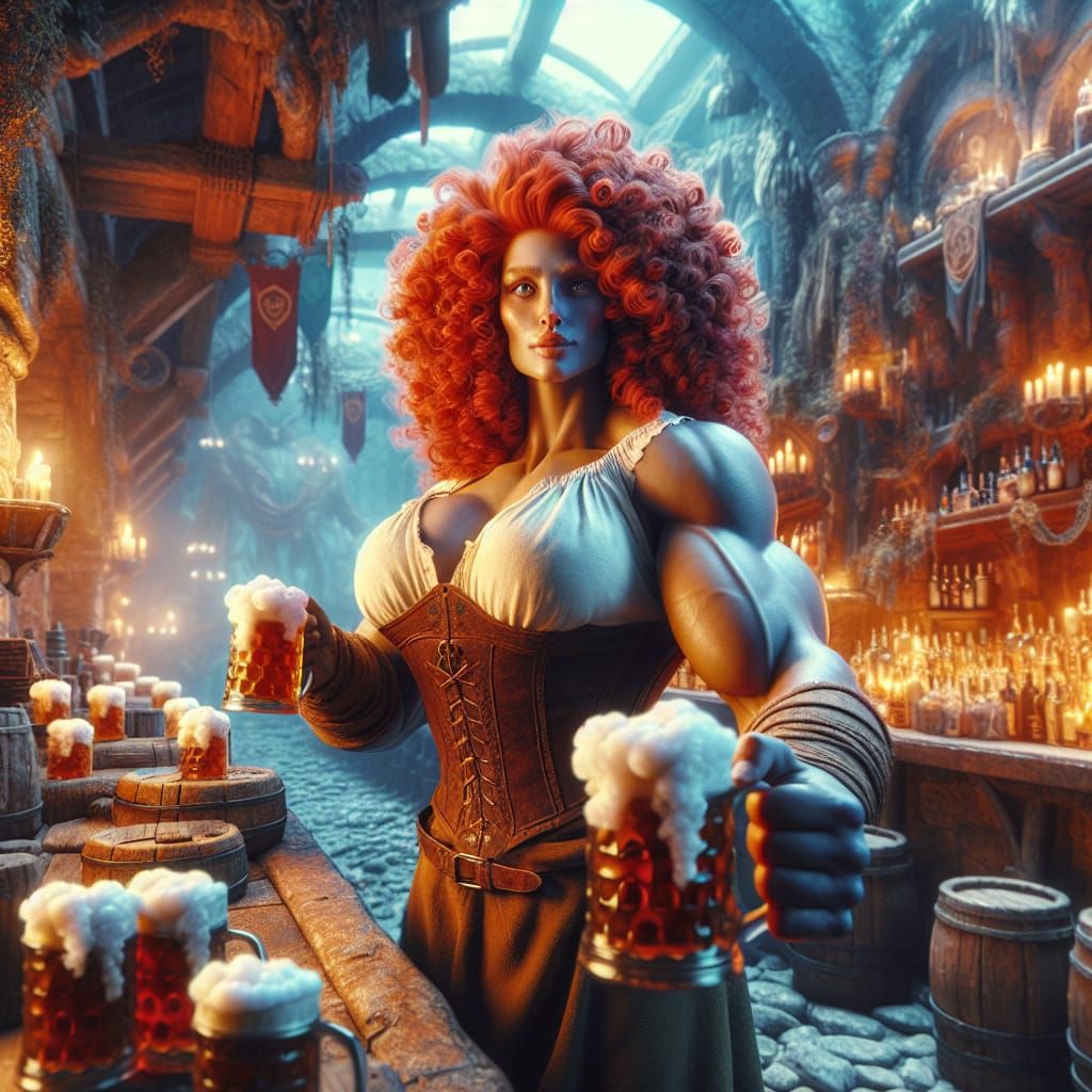 Dwarven Barmaid Serving Ale in a Detailed Tavern