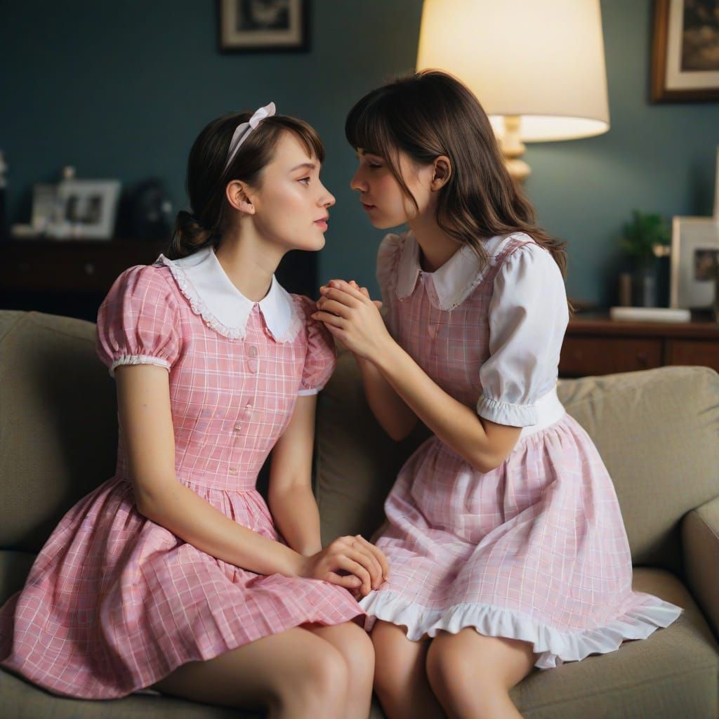 Muscular Tomboy Kisses Delicate Woman on Couch