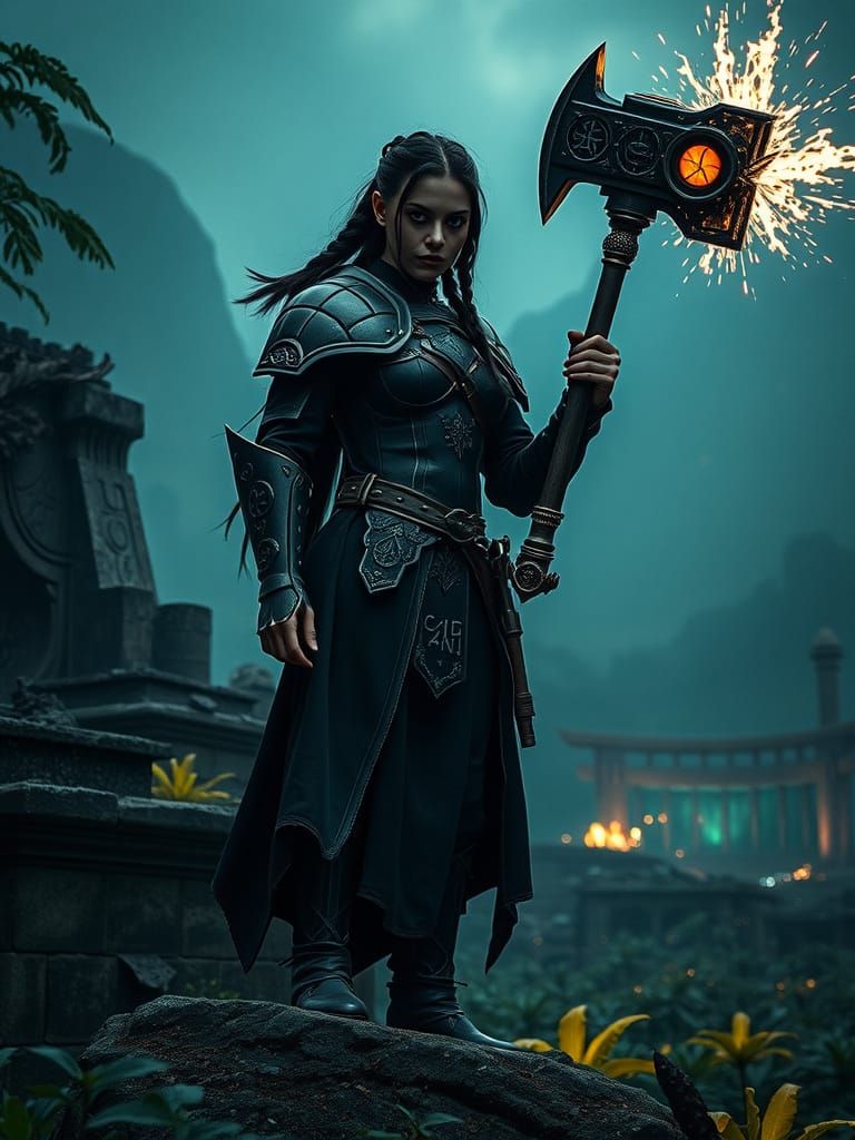 Gothic Paladin in Obsidian Armor on Jungle Ziggurat