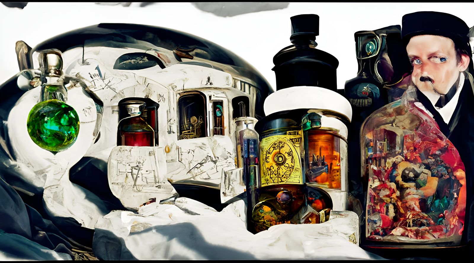 Steampunk Apothecary with Artifacts in Neo-Noir Style