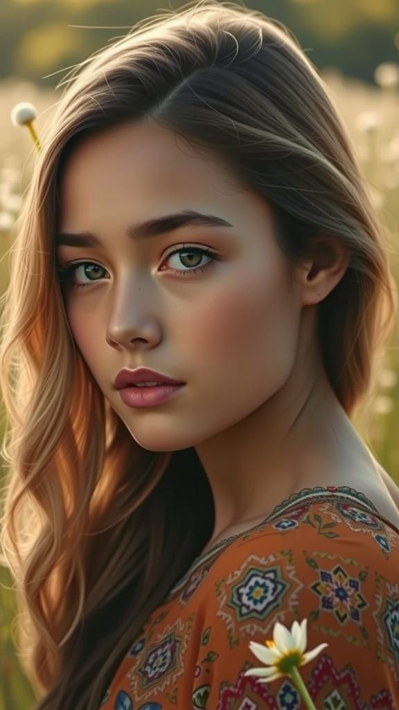 Eurasian Girl in Meadow, Whimsical Art Style