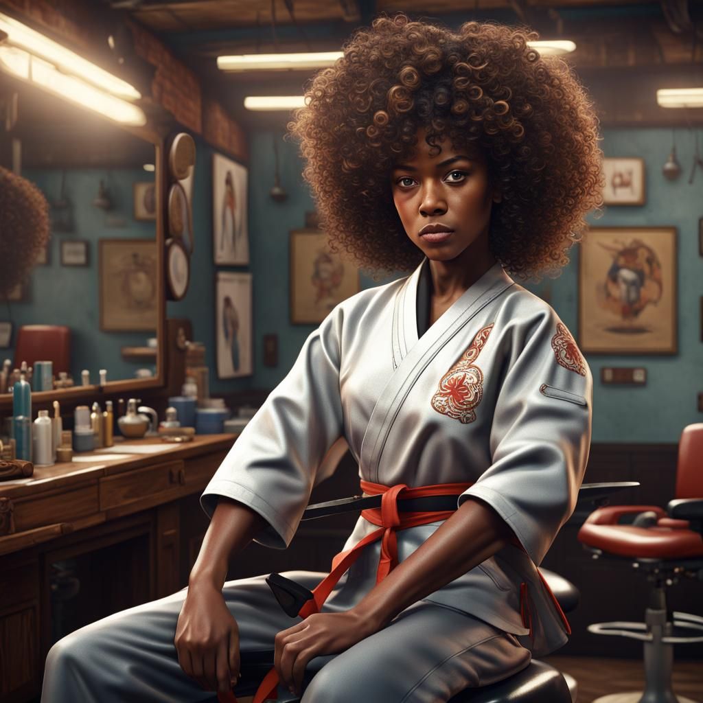 Karate Barbers in 1970s Barbershop: Fantasy Concept Art