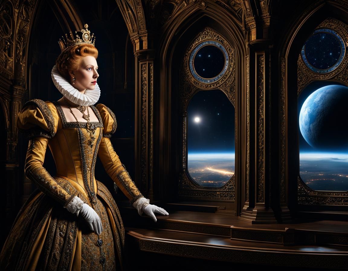 Queen Elizabeth I Stargazing with Sci-Fi Telescope