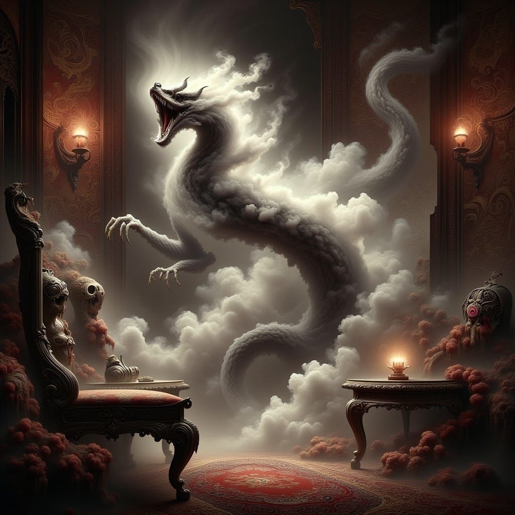 A Dragon Emerge from Opium Smoke in a 19th-Century Den
