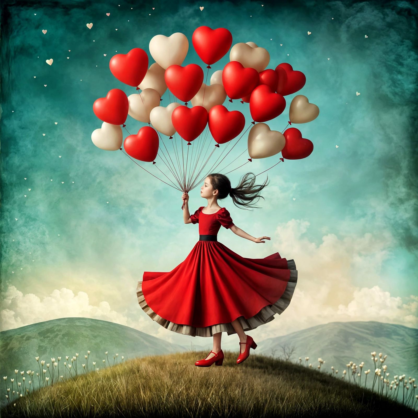 Girl with Red Shoes in Dreamlike Setting