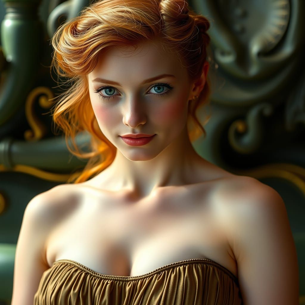 Redhead in Bronze Dress: A Rococo-Inspired Portrait
